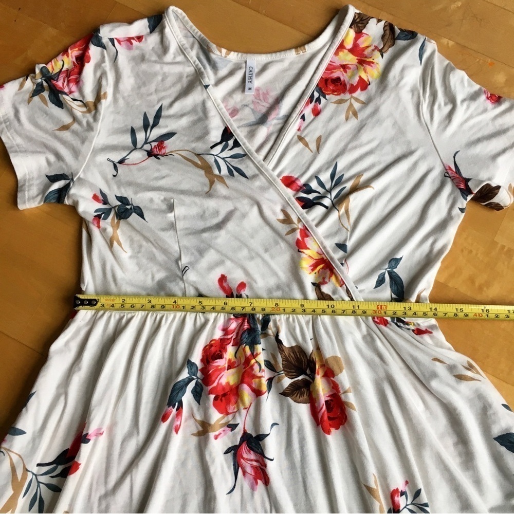 CATHY Floral Surplice Top Wrap Dress with Pockets, Ivory, Cream, Orange, Size M - Picture 13 of 17